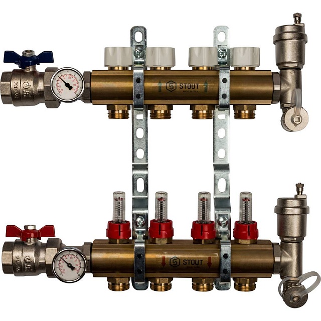 Распределительный коллектор из латуни с расходомерами (4 выхода)