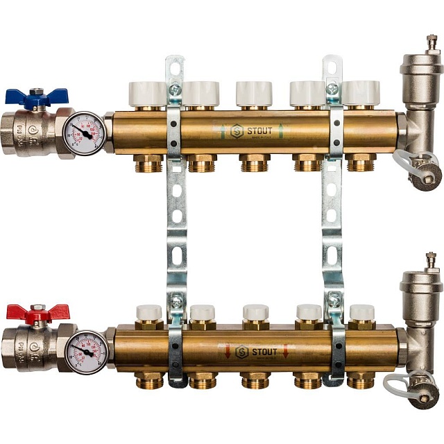 Распределительный коллектор из латуни без расходомеров с 5 выходами