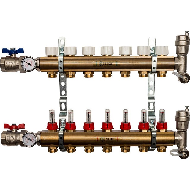 Распределительный коллектор из латуни с расходомерами, 7 вых.