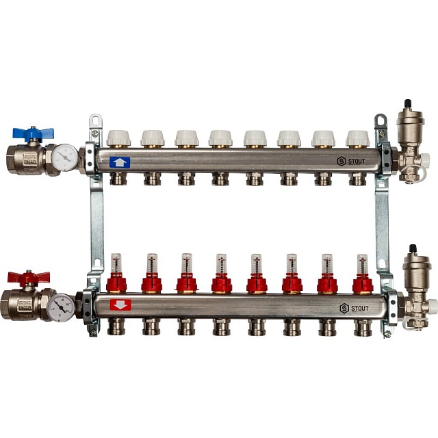 Коллектор из нержавеющей стали в сборе с расходомерами 8 выходов