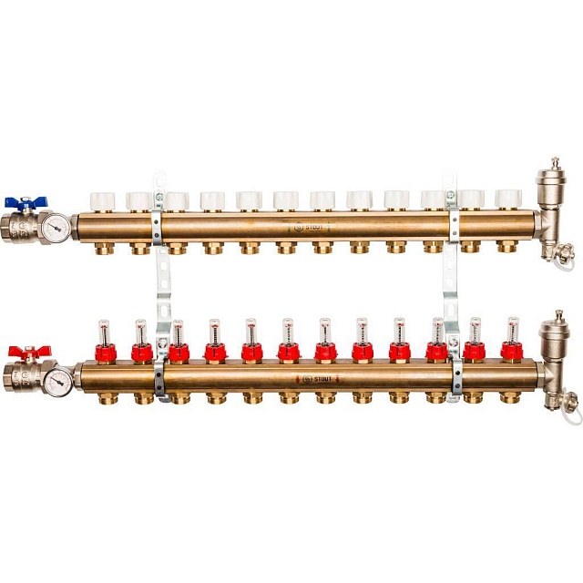 Распределительный коллектор из латуни с расходомерами 12 вых.