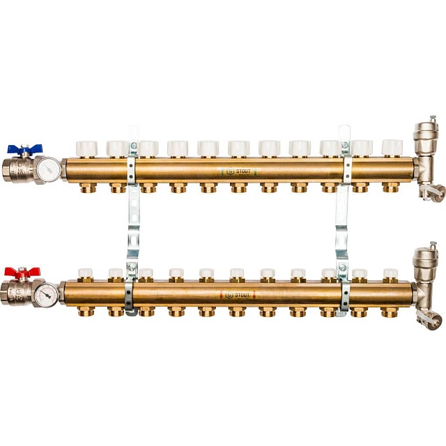 Распределительный коллектор из латуни без расходомеров 11 выходов