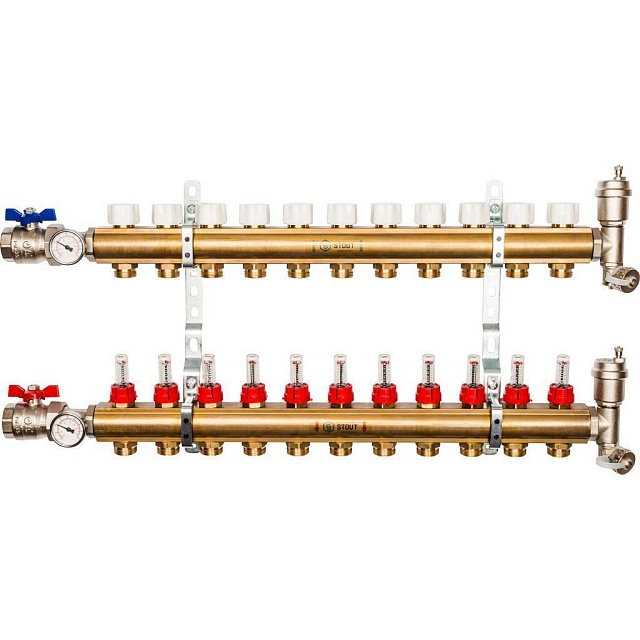Распределительный коллектор из латуни с расходомерами 11 выходов