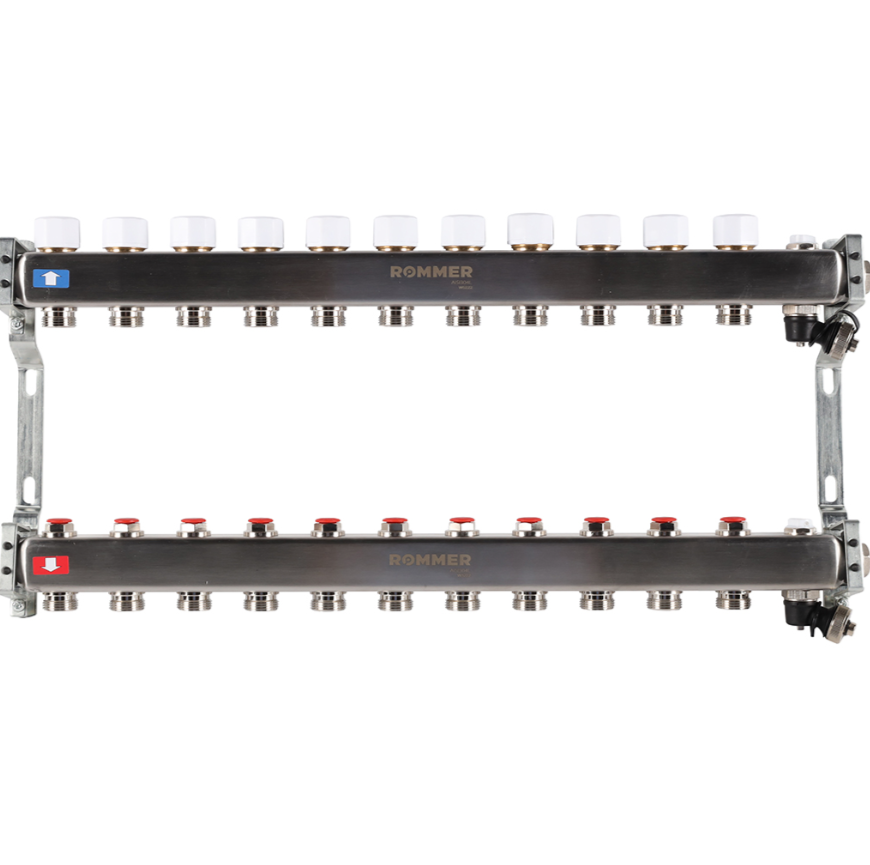 Коллектор из нержавеющей стали ROMMER без расходомеров, с клапаном вып. воздуха и сливом, 11 выходов