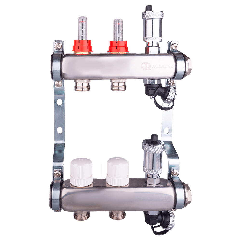 Коллекторная группа с регулирующими клапанами и расходомерами, автоматическими воздухоотводчиками и дренажными клапанами нерж. cталь 1