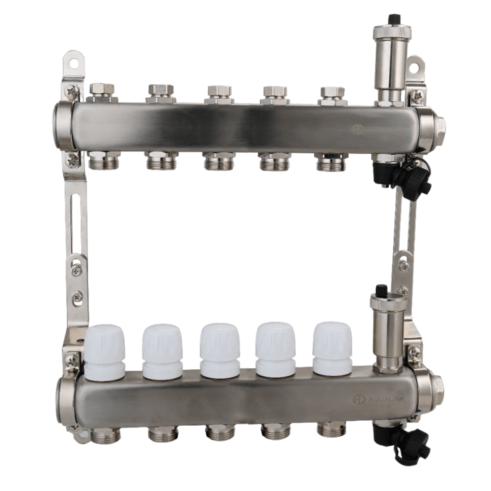 Коллекторная группа для теплых полов и отопления из нержавеющей стали с регулирующими и настроечными клапанами, автоматическими воздухоотводчиками и дренажными клапанами 1
