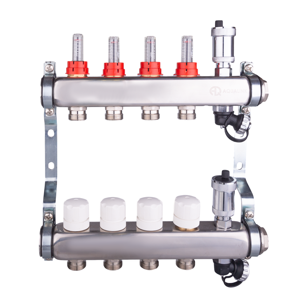 Коллекторная группа с регулирующими клапанами и расходомерами, автоматическими воздухоотводчиками и дренажными клапанами нерж. сталь 1