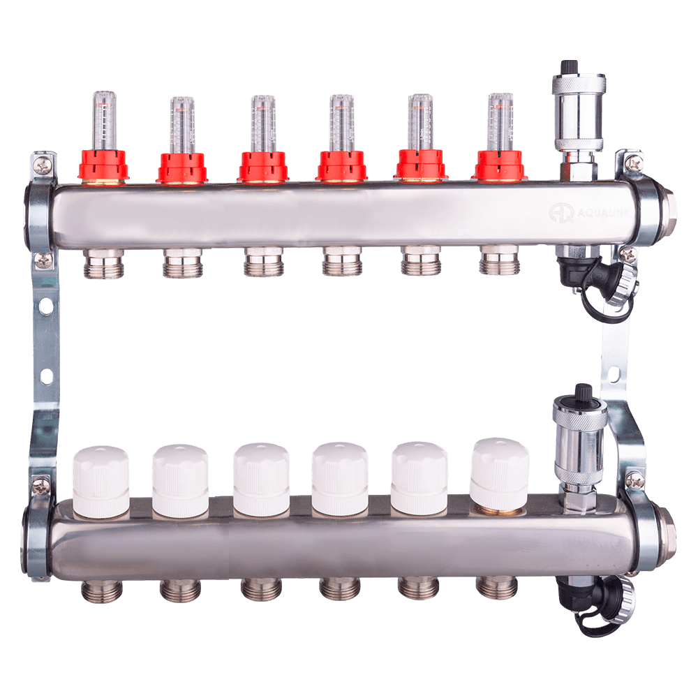 Коллекторная группа с регулирующими клапанами и расходомерами, автоматическими воздухоотводчиками и дренажными клапанами нерж. сталь 1